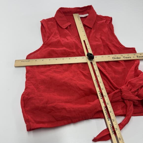 Cynthia Rowley Top Womens Small Red Linen Wrap Sleeveless Collared Summer Blouse - Picture 6 of 6